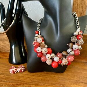 Elegant Red and Silver Beaded Statement Necklace, Clip on Earrings and Bangle